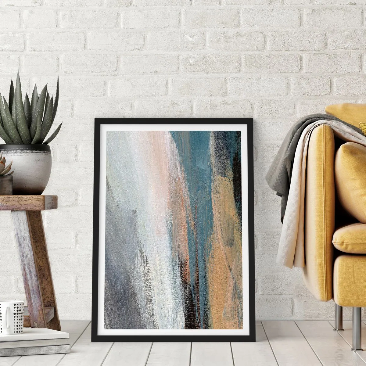 Plagát v čiernom ráme - Abstraktná kompozícia v tlmených farbách - 50x70cm - Abstrakcia: severná krajina - Moderná nástenná dekorácia do obývacej izby a spálne ARTTOR