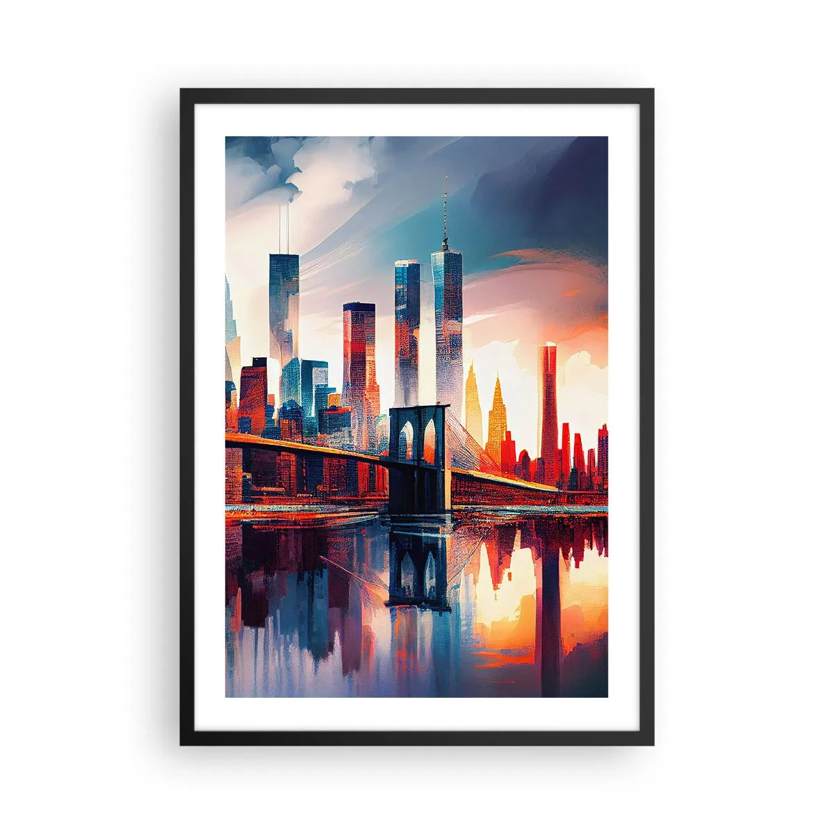 Plagát v čiernom ráme - Panoráma mesta s mostom a odrazom vo vode - 50x70cm - Famózny New York - Moderná nástenná dekorácia do obývacej izby a spálne ARTTOR