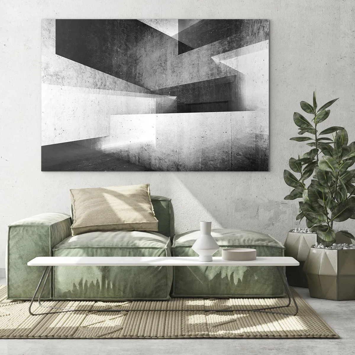 Obraz na skle - Geometrické betónové tvary v čiernobielych tónoch - 70x50cm - Štruktúra priestoru - Moderná nástenná dekorácia do obývacej izby a spálne ARTTOR