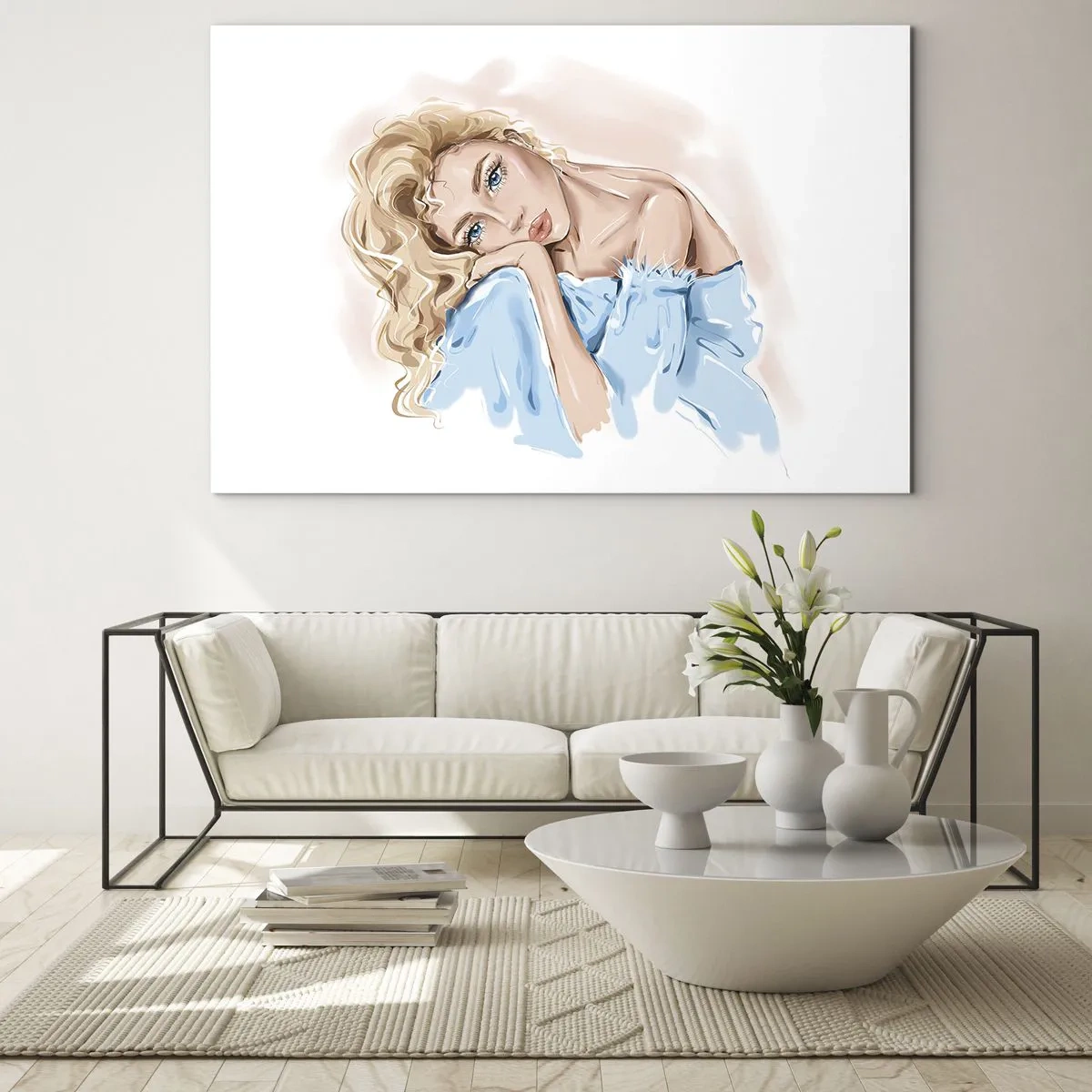 Obraz na skle - Portrét blondínky v modrých šatách so zamysleným pohľadom - 70x50cm - Zasnená v modrej - Moderná nástenná dekorácia do obývacej izby a spálne ARTTOR
