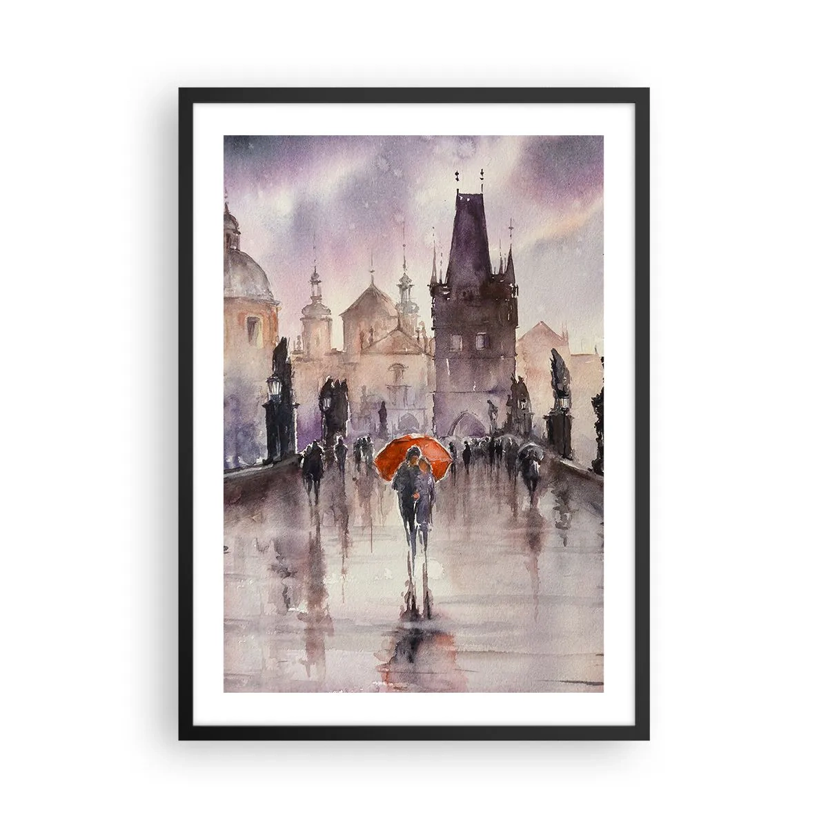 Plagát v čiernom ráme - Romantická prechádzka po moste v daždivý deň - 50x70cm - Ľudia sa nemenia - Moderná nástenná dekorácia do obývacej izby a spálne ARTTOR