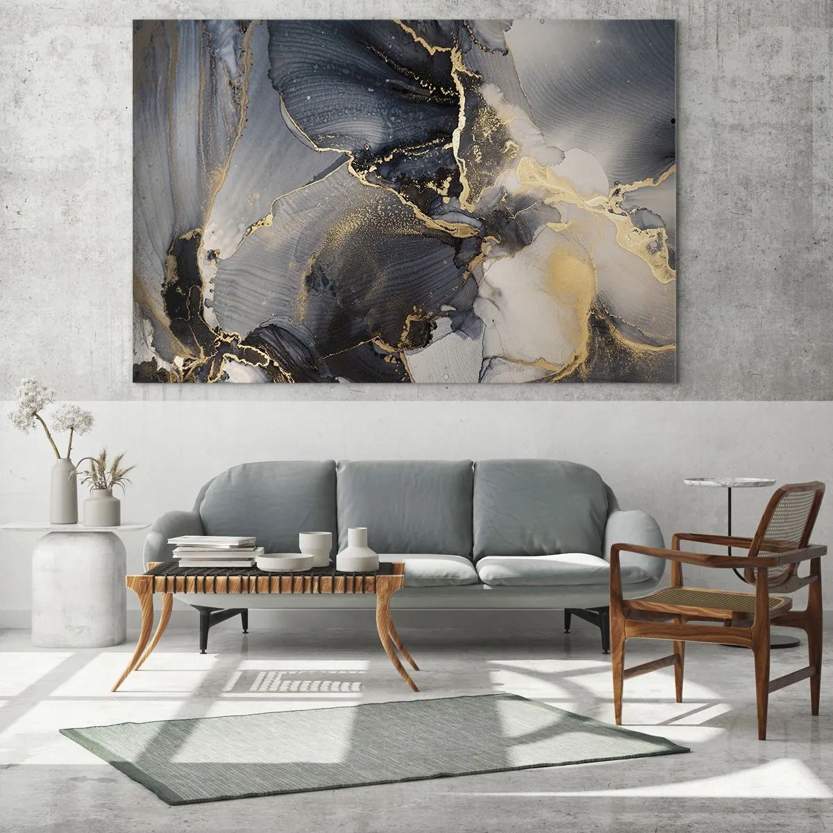Obraz na skle - Tmavá abstrakcia s mramorovým efektom a zlatými žilami - 70x50cm - Život kameňa - Moderná nástenná dekorácia do obývacej izby a spálne ARTTOR