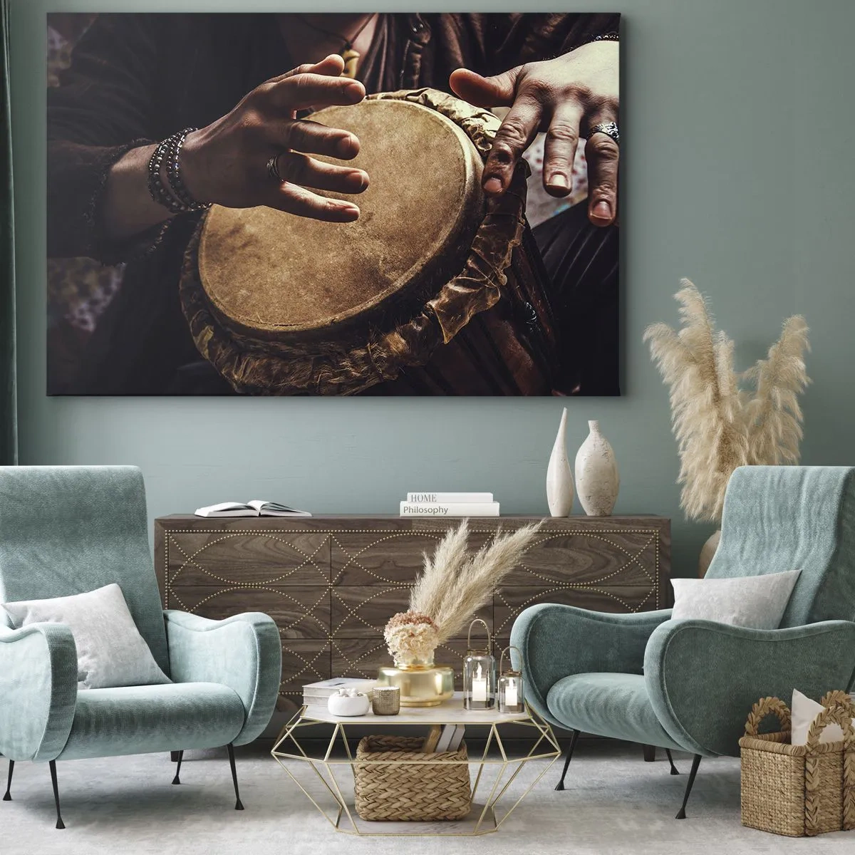 Obraz na plátne - Ruky hrajúce na tradičnom bubne djembe - 70x50cm - V rytme srdca - Moderná nástenná dekorácia do obývacej izby a spálne ARTTOR