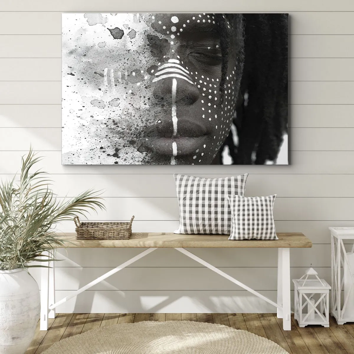 Obraz na plátne - Umelecký portrét tváre s abstraktnými bielymi vzormi - 70x50cm - Objav pôvodného ducha - Moderná nástenná dekorácia do obývacej izby a spálne ARTTOR