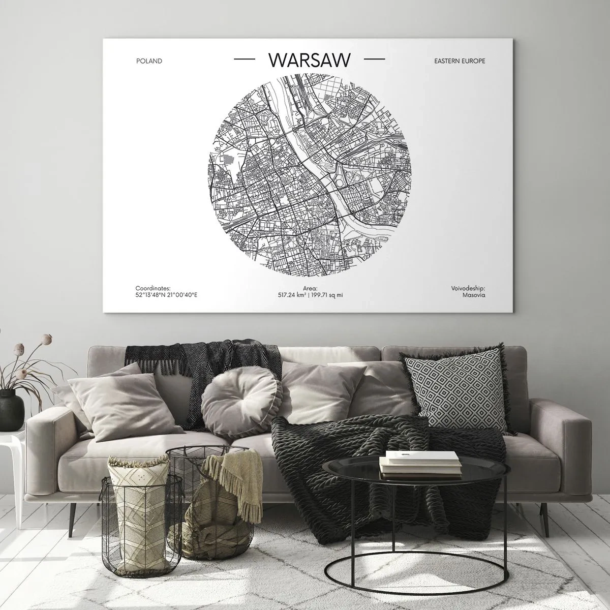 Obraz na skle - Mapa Varšavy vo forme grafického znázornenia - 70x50cm - Anatómia Varšavy - Moderná nástenná dekorácia do obývacej izby a spálne ARTTOR