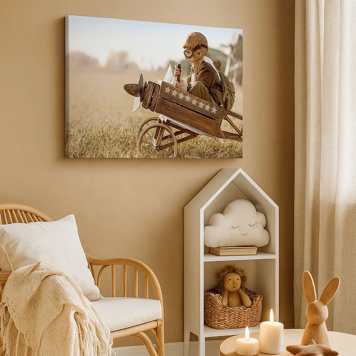 Obraz na plátne - Dieťa v hračkárskom lietadle s poľom v pozadí - 70x50cm - Štart do snov - Moderná nástenná dekorácia do obývacej izby a spálne ARTTOR