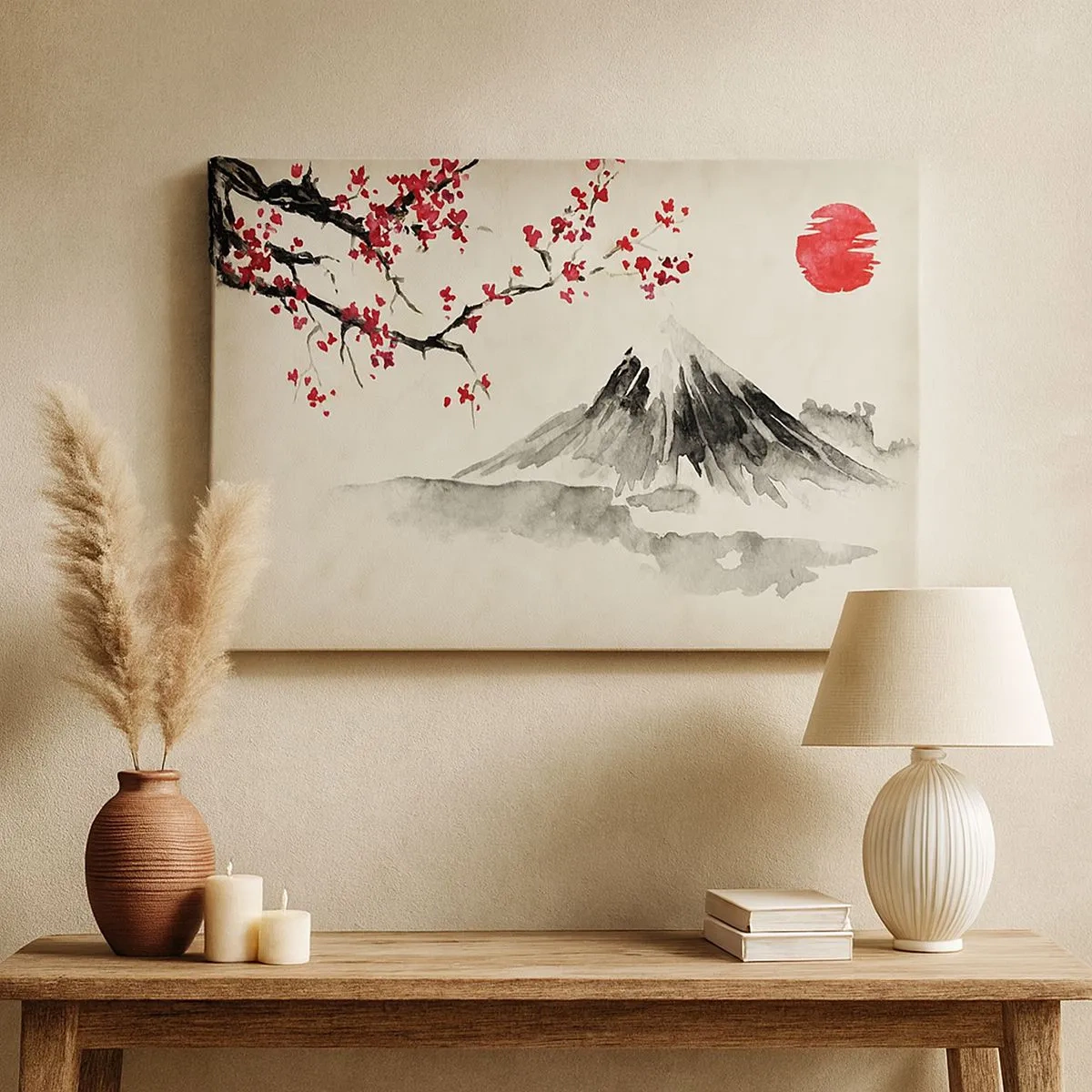 Obraz na plátne - Malebná krajina s horou, čerešňovými kvetmi a slnečným svitom - 70x50cm - Zamilujte sa do Japonska - Moderná nástenná dekorácia do obývacej izby a spálne ARTTOR
