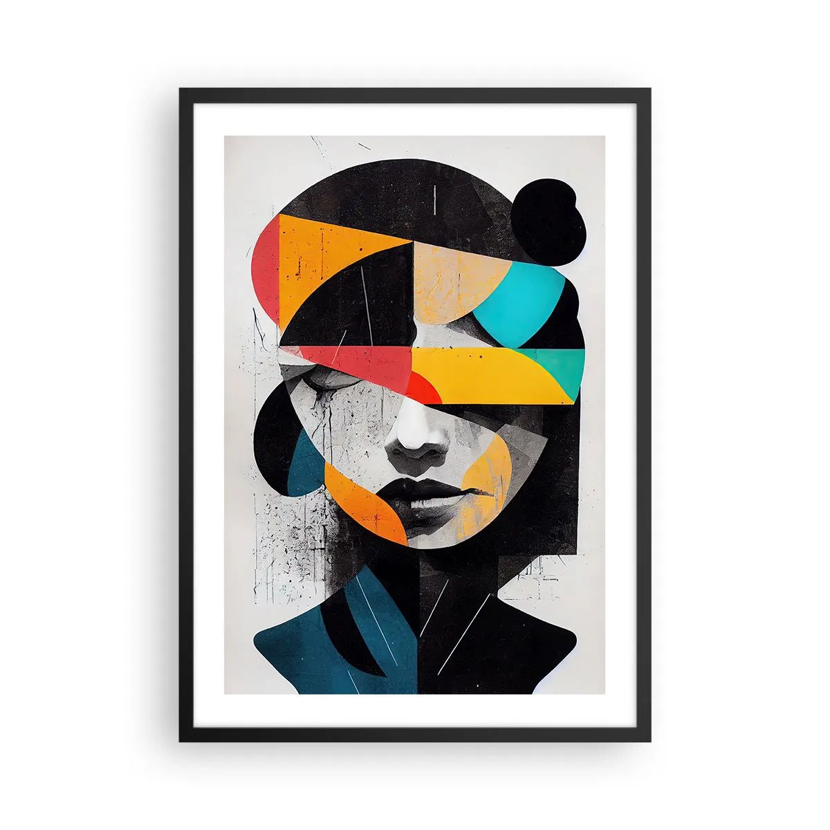 Plagát v čiernom ráme - Interiérový portrét, viacfarebný, štylizovaný abstraktný portrét ženy - 50x70cm - Pestrofarebný vnútorný portrét - Moderná nástenná dekorácia do obývacej izby a spálne ARTTOR