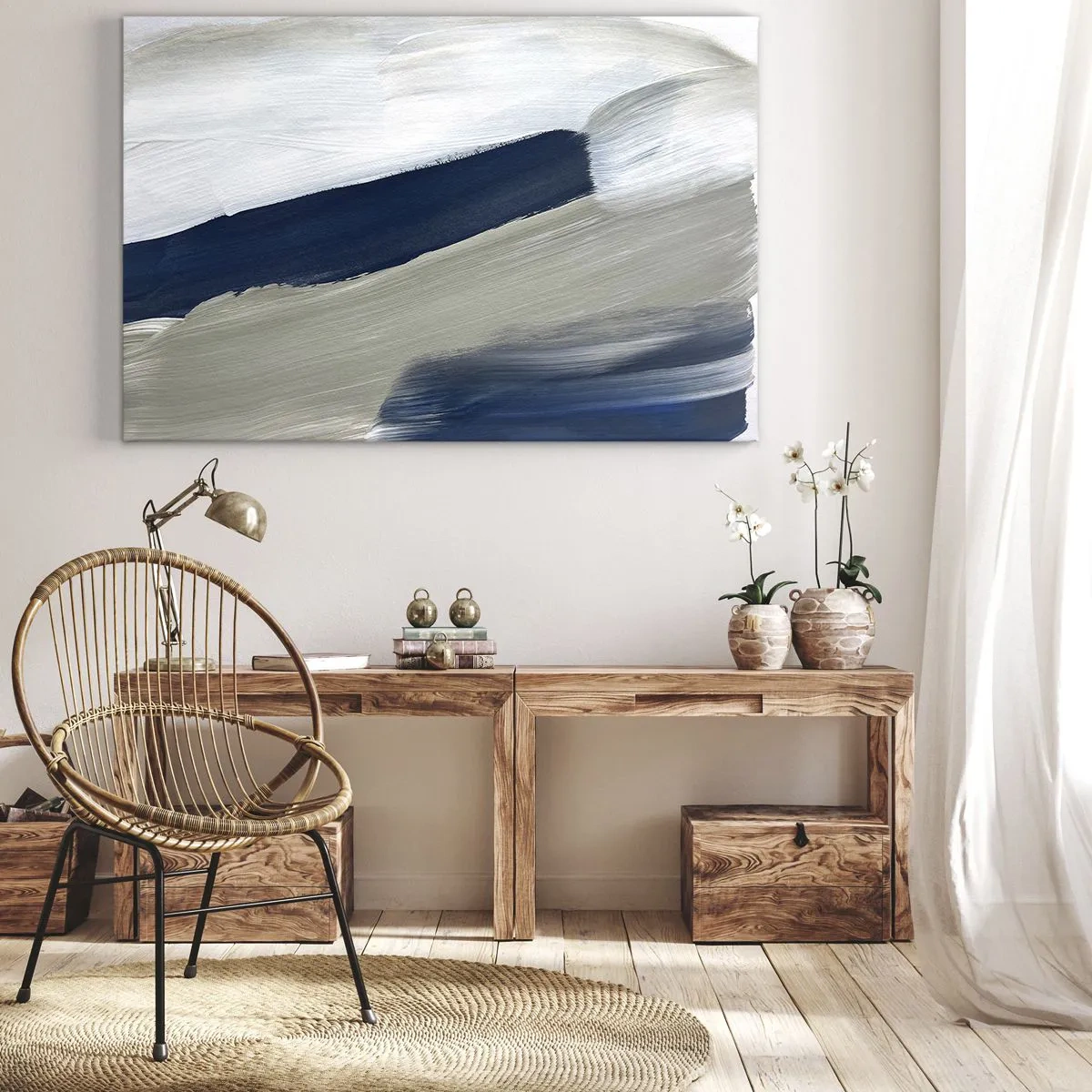 Obraz na plátne - Abstraktné ťahy štetcom v odtieňoch modrej a sivej - 70x50cm - Stretnutie s bielou - Moderná nástenná dekorácia do obývacej izby a spálne ARTTOR
