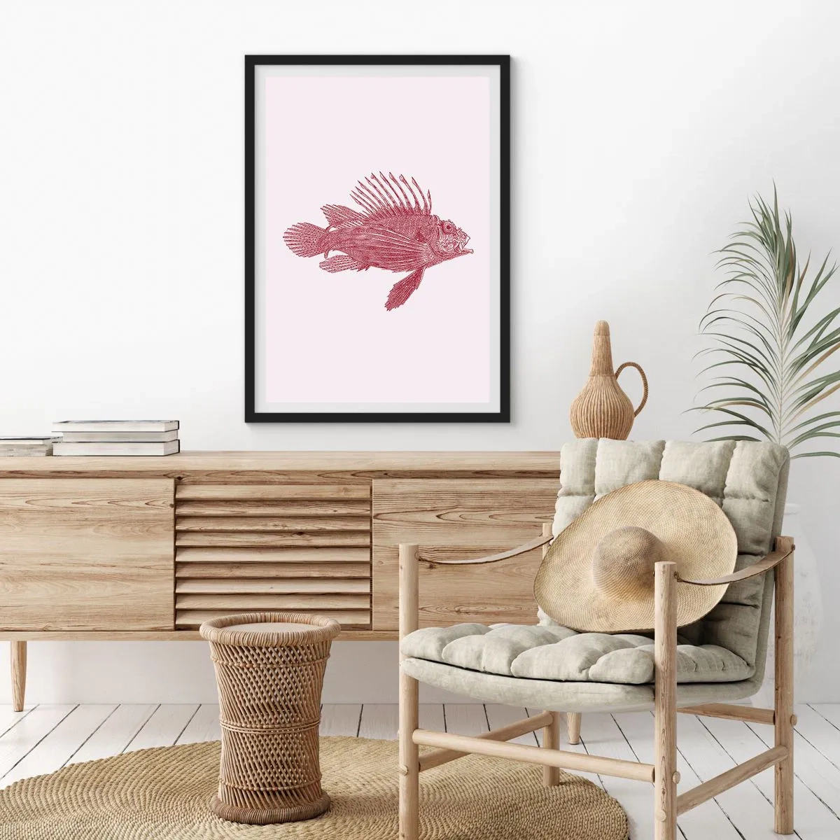 Plagát v čiernom ráme - Kreslenie rýb vo vintage štýle na svetlom pozadí - 50x70cm - Obyvateľka exotických vôd - Moderná nástenná dekorácia do obývacej izby a spálne ARTTOR