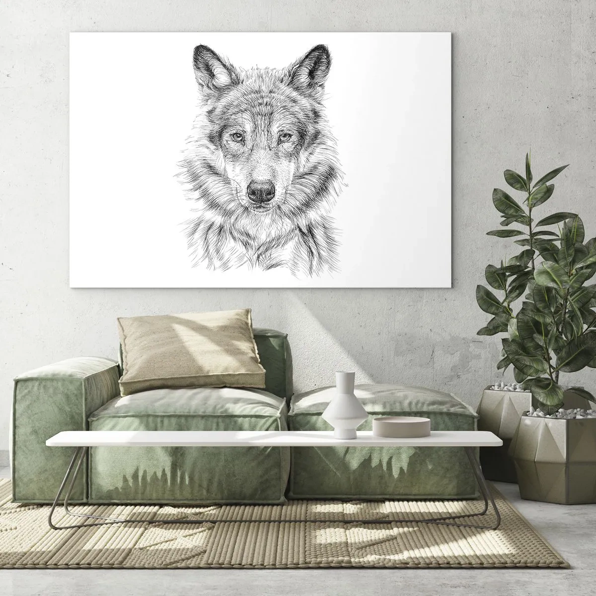 Obraz na skle - Čiernobiela skica vlčej hlavy na bielom pozadí - 70x50cm - Rodený vodca - Moderná nástenná dekorácia do obývacej izby a spálne ARTTOR