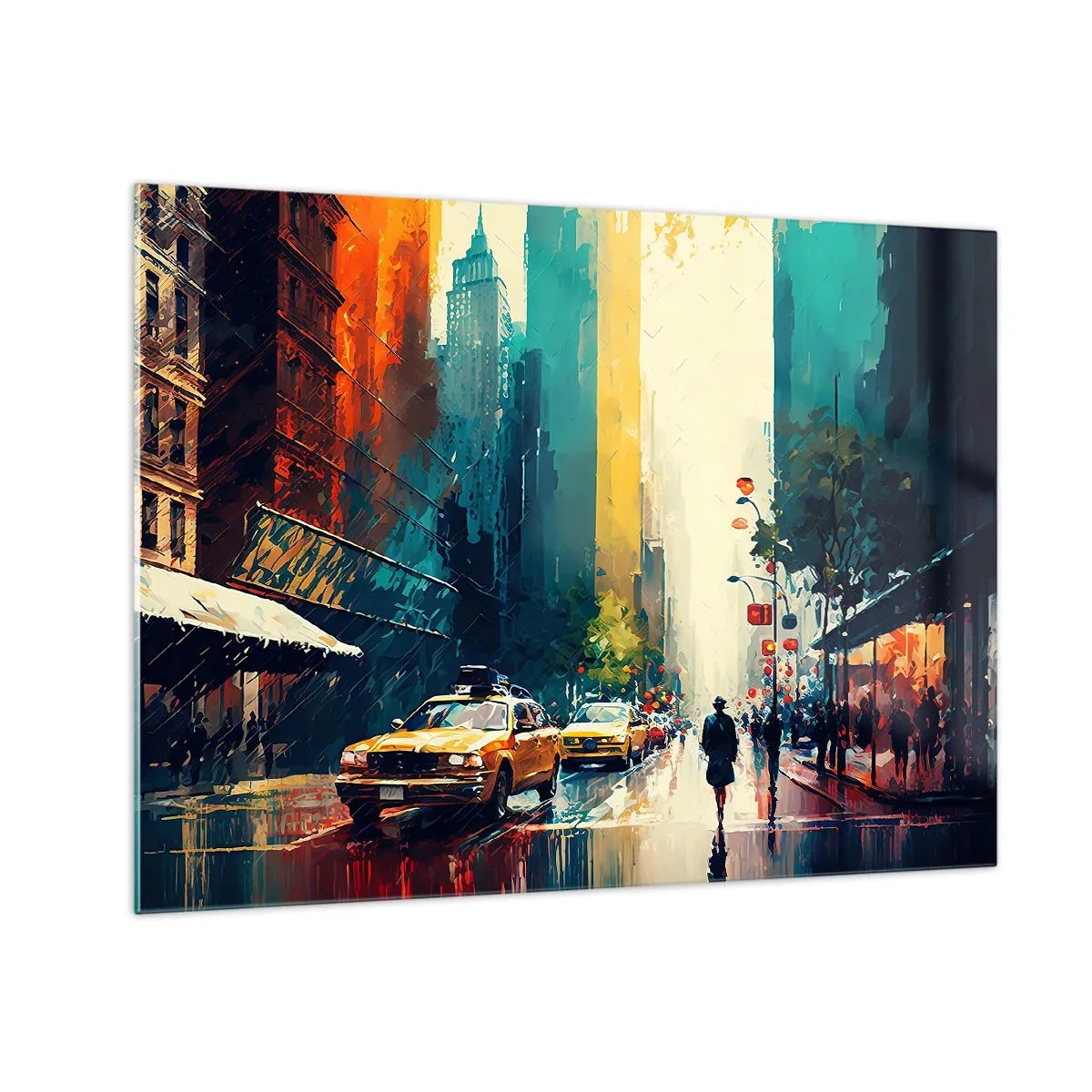 Obraz na skle - Farebné taxíky a mrakodrapy na mokrej mestskej ulici - 70x50cm - New York – tu je aj dážď farebný - Moderná nástenná dekorácia do obývacej izby a spálne ARTTOR