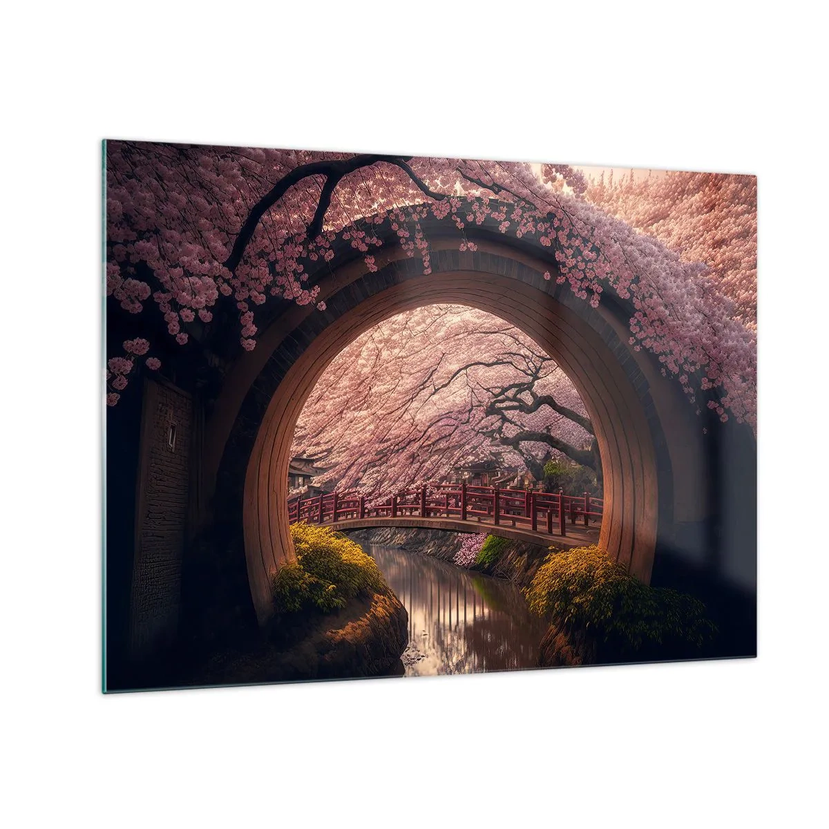 Obraz na skle - Čerešňové kvety a japonský most cez okrúhlu bránu - 70x50cm - Japonská jar - Moderná nástenná dekorácia do obývacej izby a spálne ARTTOR