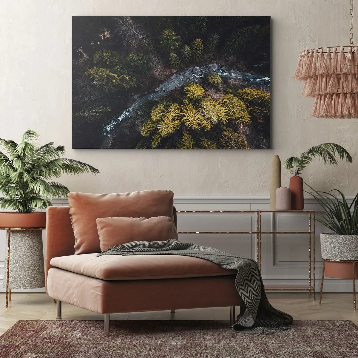 Obraz na plátne - Pohľad zhora na les s kľukatou riekou - 70x50cm - Rýchlo, stále rýchlejšie - Moderná nástenná dekorácia do obývacej izby a spálne ARTTOR