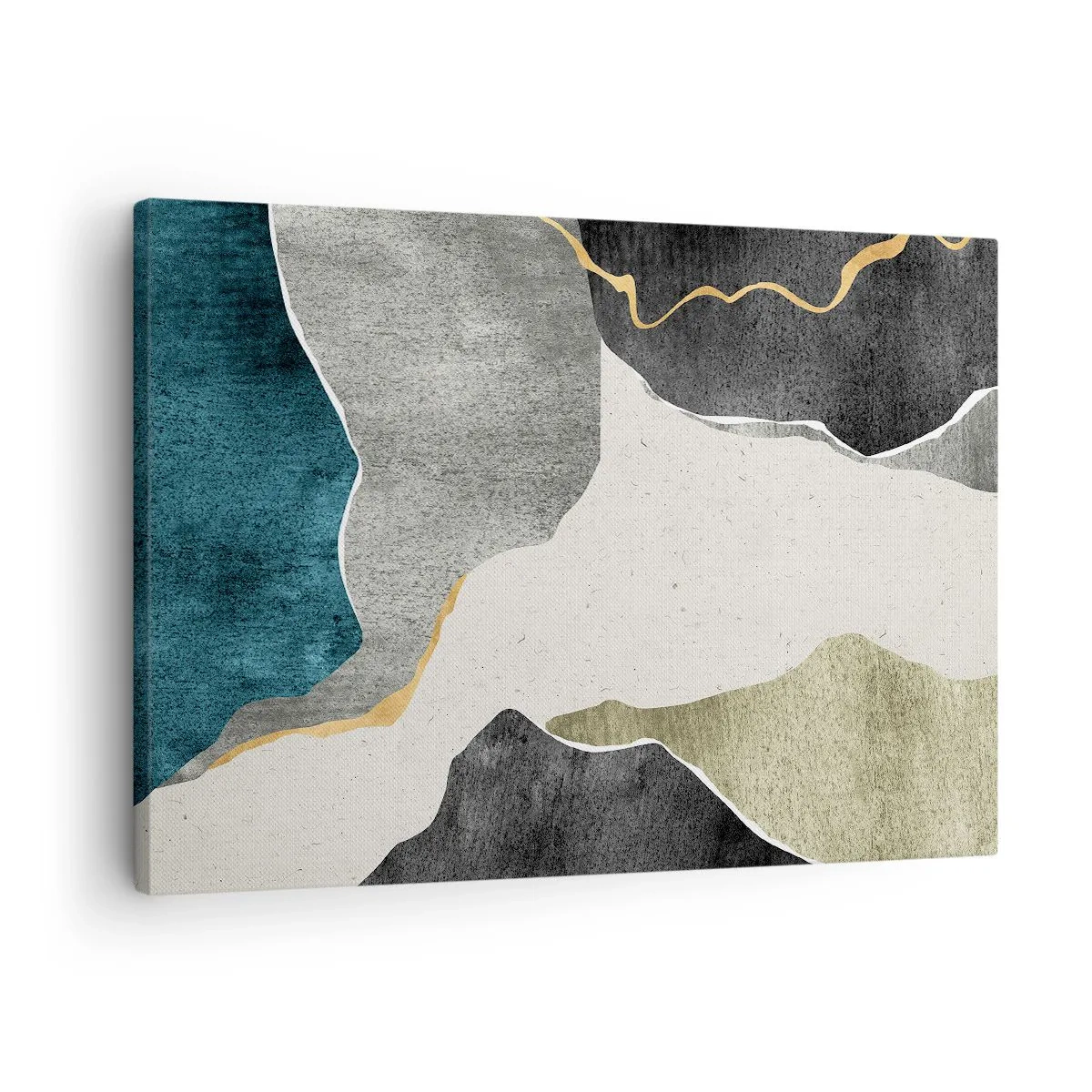 Obraz na plátne - Geometrické tvary v odtieňoch sivej, zelenej a zlatej - 70x50cm - Mozaiková kompozícia so zlatou niťou - Moderná nástenná dekorácia do obývacej izby a spálne ARTTOR