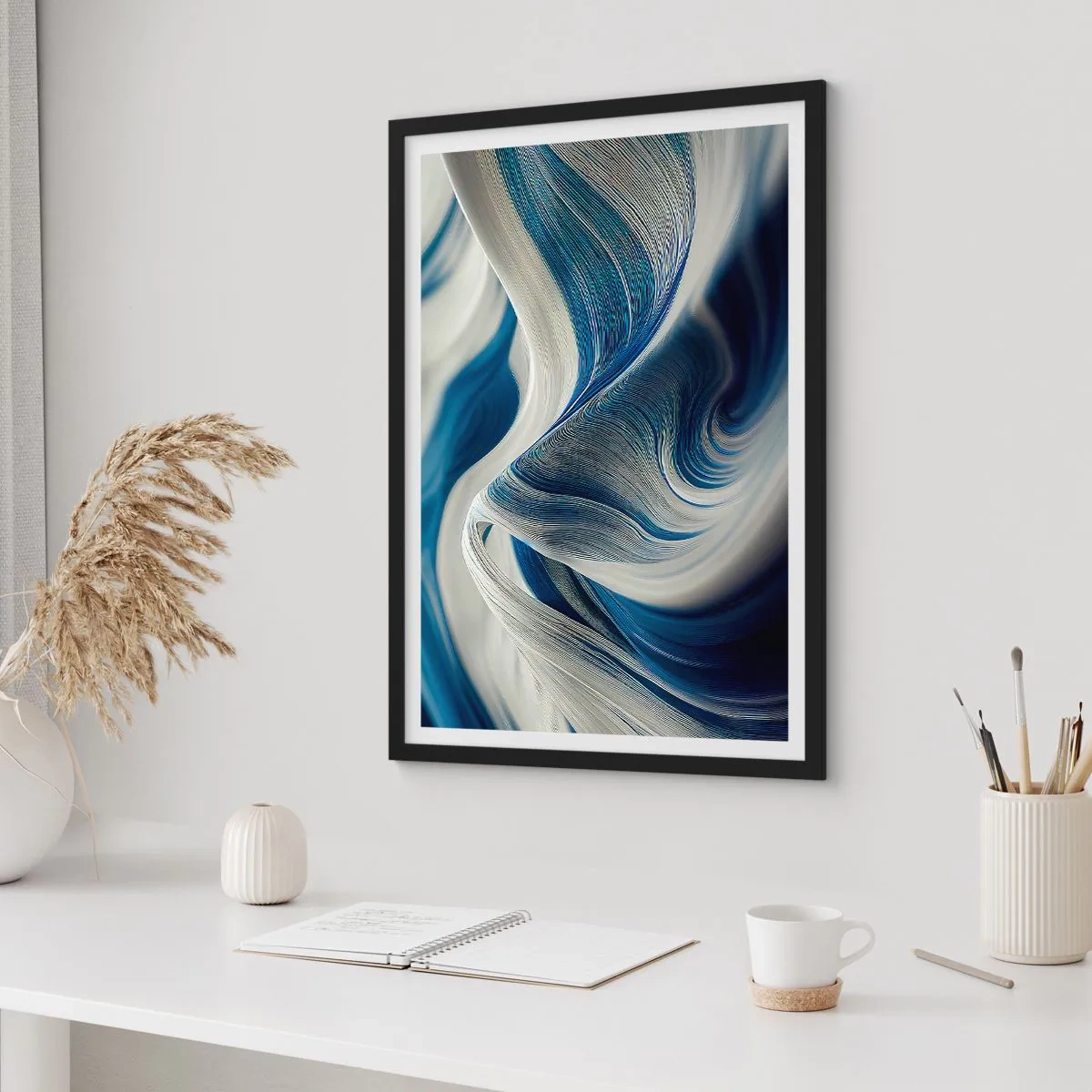 Plagát v čiernom ráme - Abstraktné vlny v odtieňoch námorníckej modrej a bielej - 50x70cm - Plynulosť modrej a bielej - Moderná nástenná dekorácia do obývacej izby a spálne ARTTOR