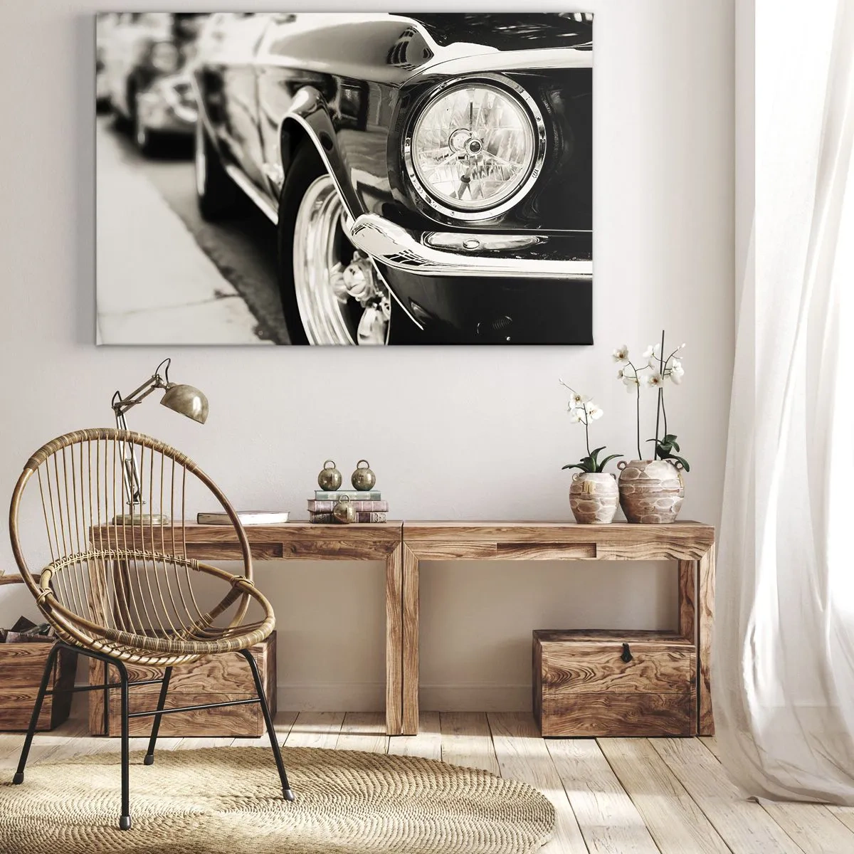 Obraz na plátne - Kultové klasické auto v elegantnej čiernobielej farbe - 70x50cm - Nepominuteľný lesk - Moderná nástenná dekorácia do obývacej izby a spálne ARTTOR