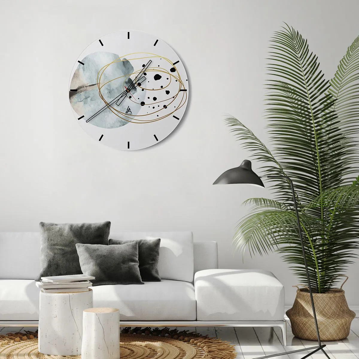 Nástenné hodiny - Abstraktné zlaté čiary a čierne bodky na svetlom pozadí - 30x30cm - V objatí priestoru - Moderná nástenná dekorácia do obývacej izby, kuchyne a spálne ARTTOR