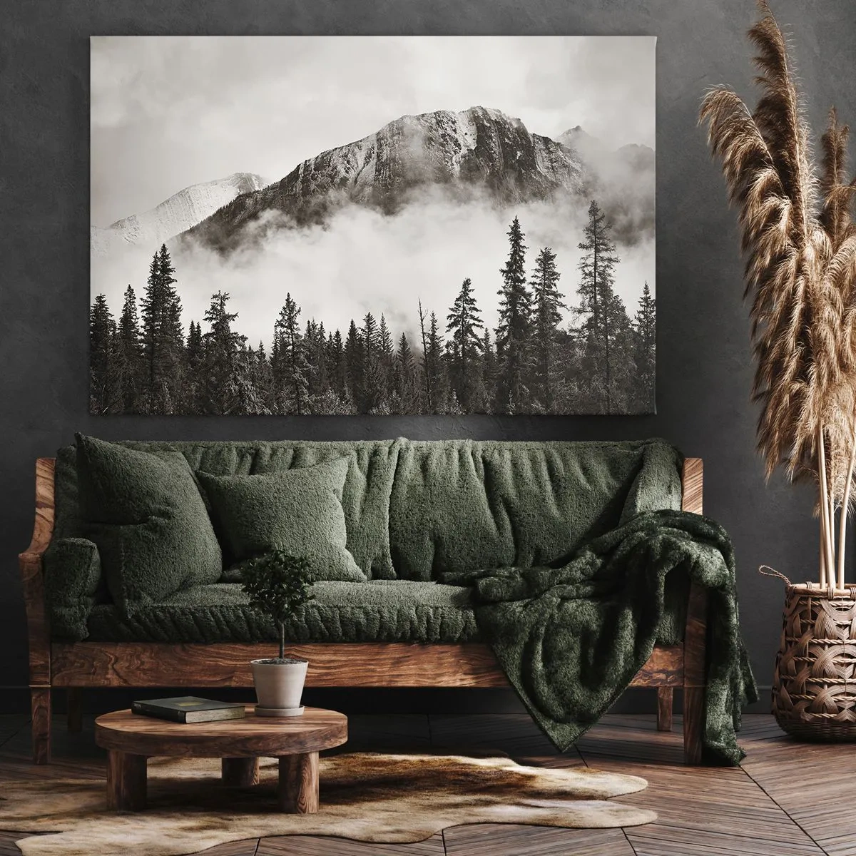 Obraz na plátne - Malebný horský vrchol obklopený hmlou a lesom s hnedými tónmi - 70x50cm - Žulový panovník - Moderná nástenná dekorácia do obývacej izby a spálne ARTTOR