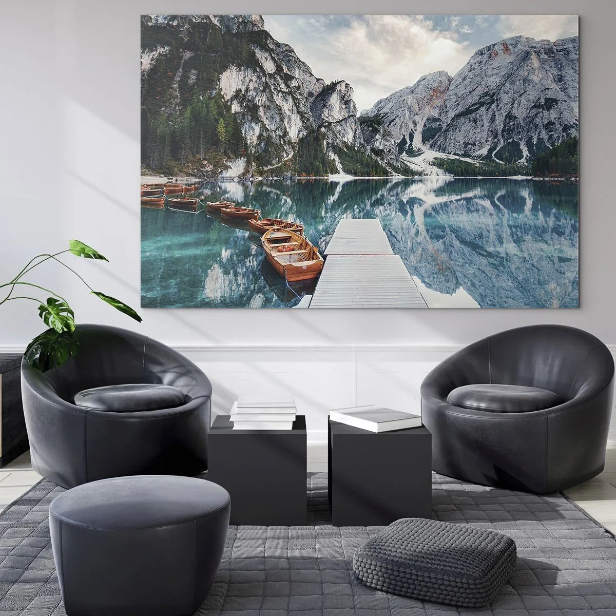 Obraz na skle - Drevený most cez tyrkysové jazero v horách - 70x50cm - Ukážeme vám krásu - Moderná nástenná dekorácia do obývacej izby a spálne ARTTOR