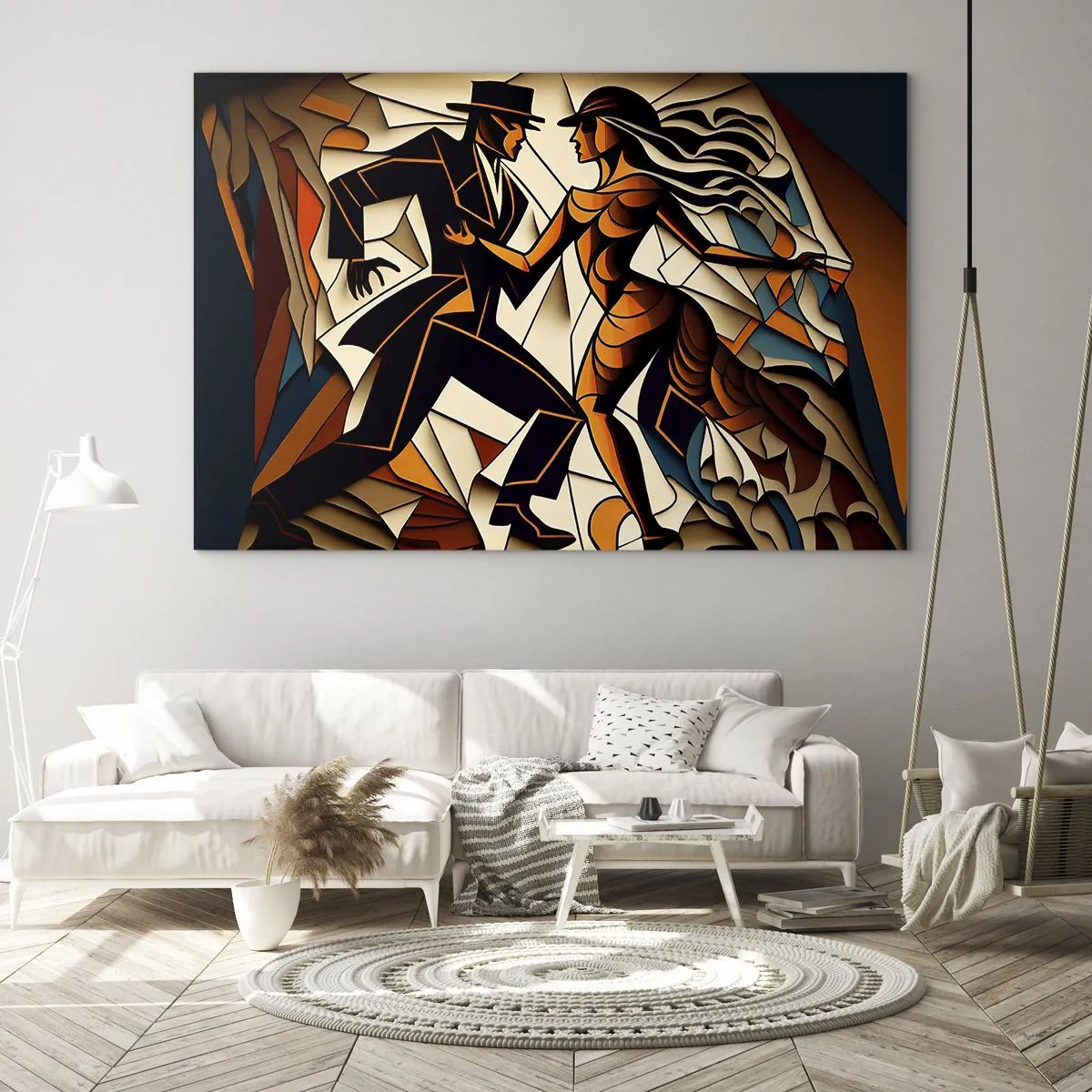 Obraz na skle - Štylizovaný pár tancujúci v dynamickej abstraktnej forme. - 70x50cm - Tanec vrelosti a vášne - Moderná nástenná dekorácia do obývacej izby a spálne ARTTOR