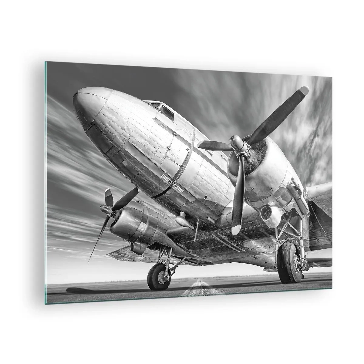 Obraz na skle - Čiernobiele vrtuľové lietadlo na dráhe - 70x50cm - Vždy pripravený na let - Moderná nástenná dekorácia do obývacej izby a spálne ARTTOR