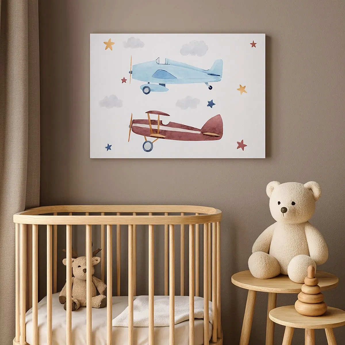 Obraz na plátne - Ručne maľované lietadlá na pozadí oblakov a hviezd - 70x50cm - Pán pilot, čakáme! - Moderná nástenná dekorácia do obývacej izby a spálne ARTTOR