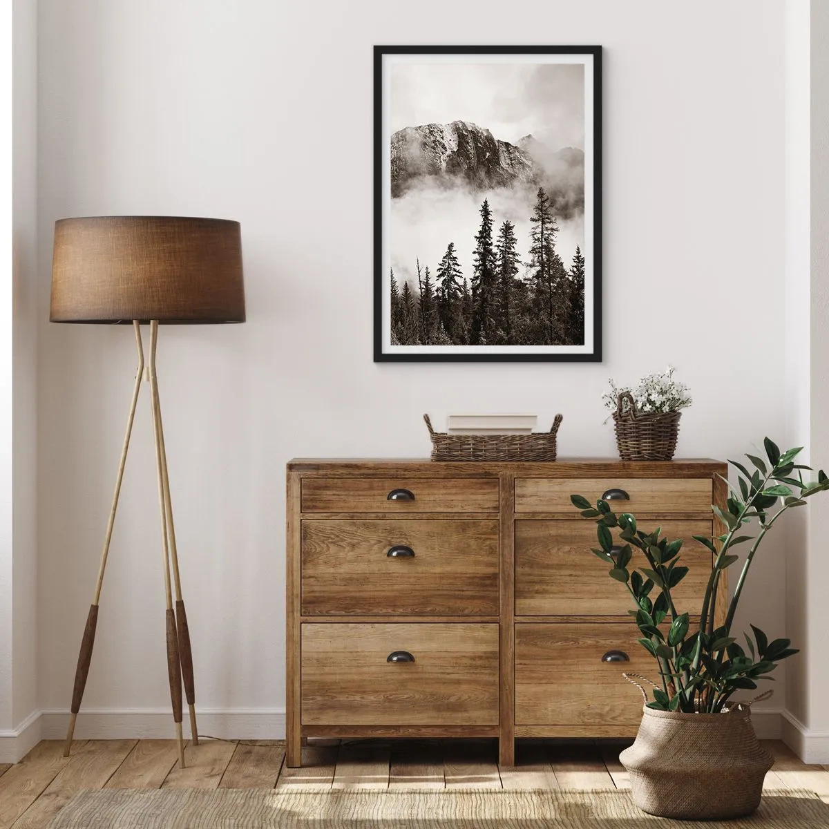 Plagát v čiernom ráme - Horská krajina so stromami a hmlou - 50x70cm - Žulový panovník - Moderná nástenná dekorácia do obývacej izby a spálne ARTTOR