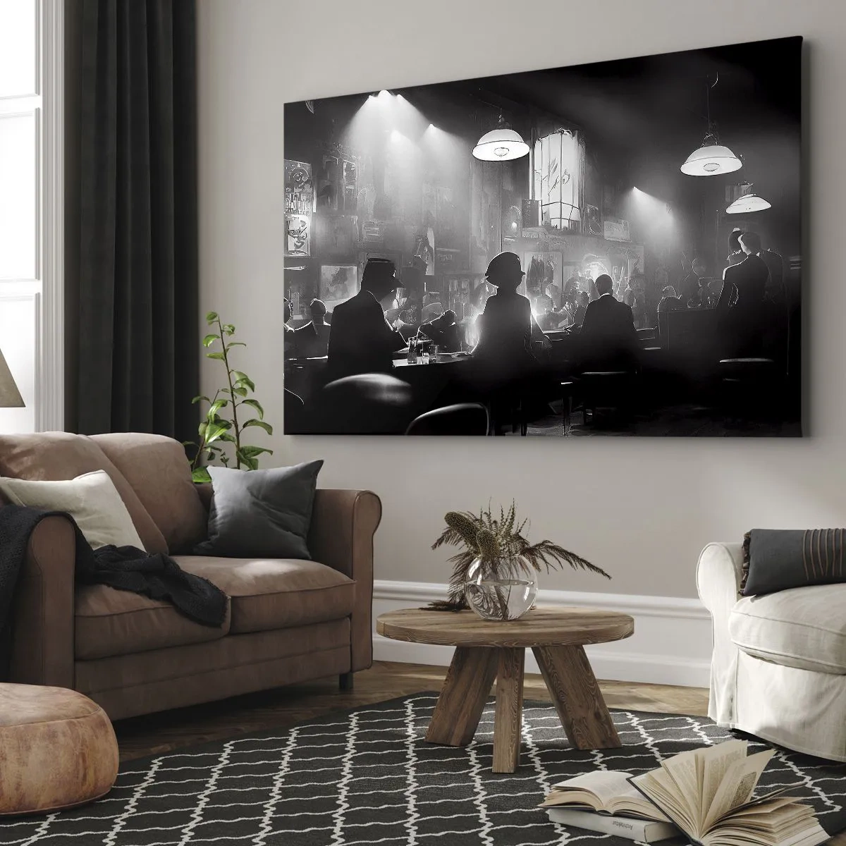 Obraz na plátne - Čiernobiela jazzová nočná scéna - 70x50cm - V jazzovej atmosfére - Moderná nástenná dekorácia do obývacej izby a spálne ARTTOR