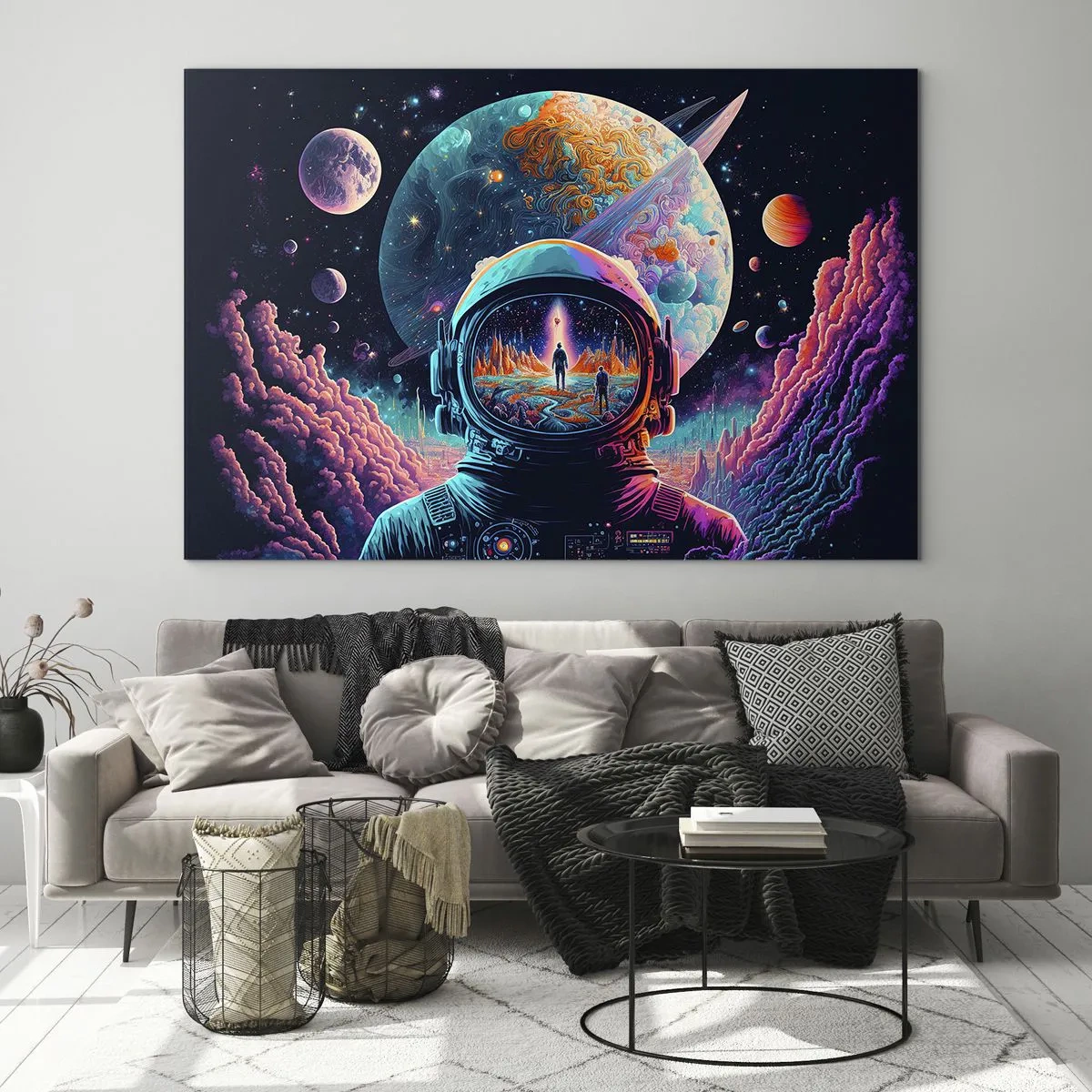 Obraz na skle - Vesmírna krajina s astronautom a surrealistickou planétou. - 70x50cm - Filozofom sa to ani nesnívalo - Moderná nástenná dekorácia do obývacej izby a spálne ARTTOR