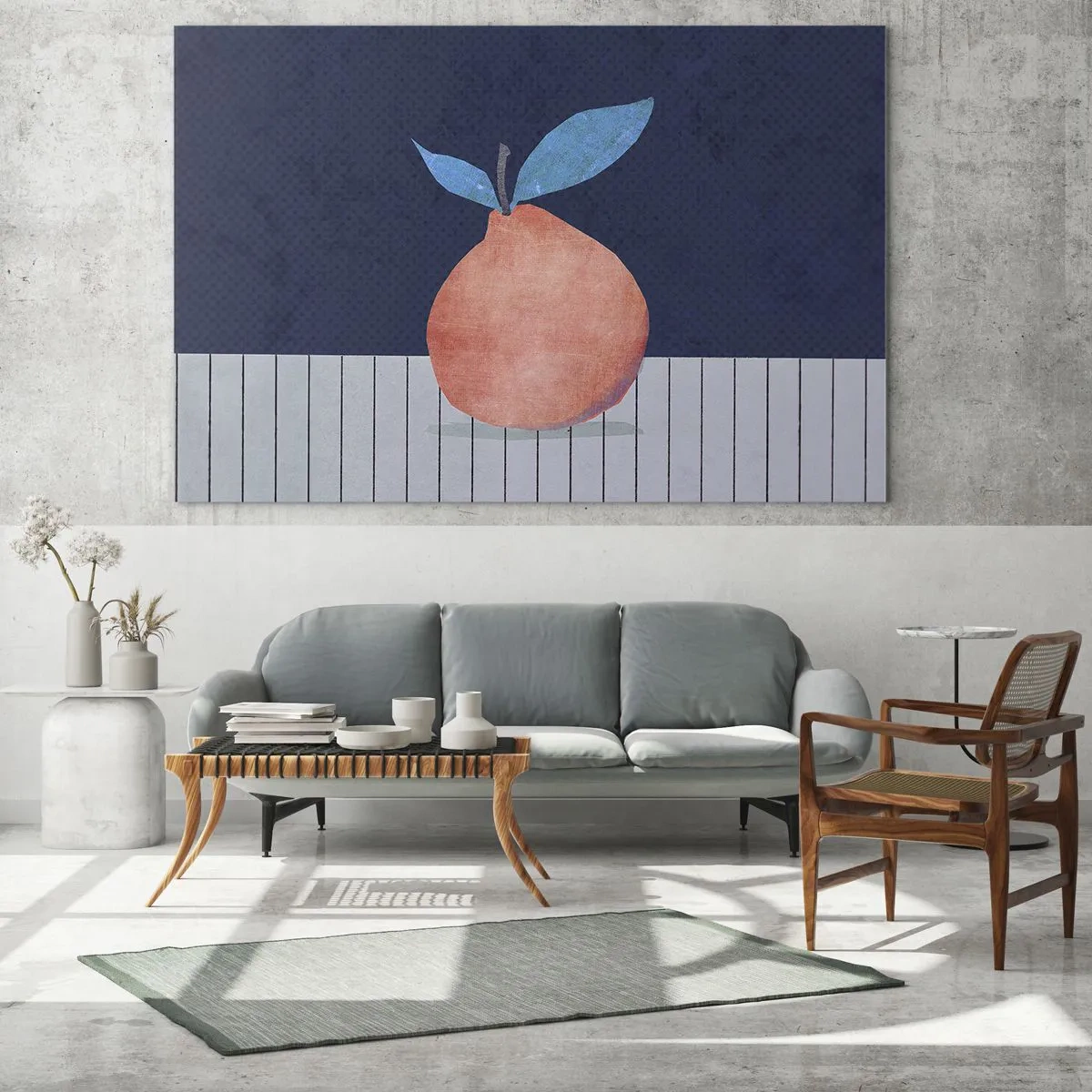 Obraz na skle - Ovocie s abstraktnou formou na pozadí geometrickej kompozície - 70x50cm - Konvexita a rovina - Moderná nástenná dekorácia do obývacej izby a spálne ARTTOR