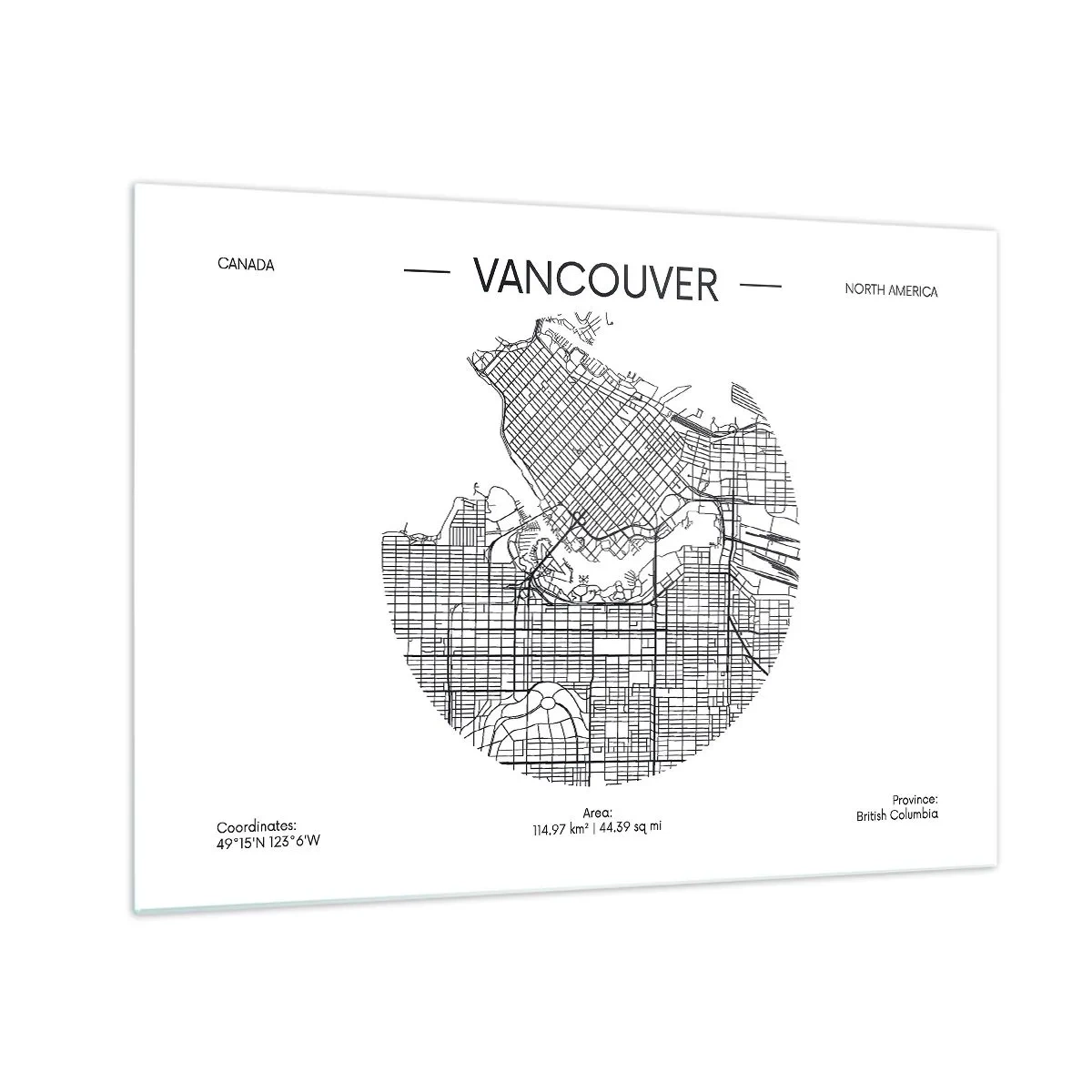 Obraz na skle - Čiernobiela mapa ulíc Vancouveru - 70x50cm - Anatómia Vancouveru - Moderná nástenná dekorácia do obývacej izby a spálne ARTTOR