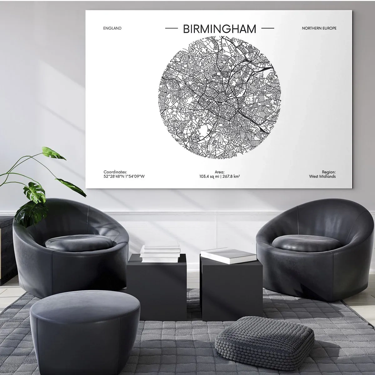 Obraz na skle - Čiernobiela mapa Birminghamu v modernom grafickom štýle - 70x50cm - Anatómia Birminghamu - Moderná nástenná dekorácia do obývacej izby a spálne ARTTOR
