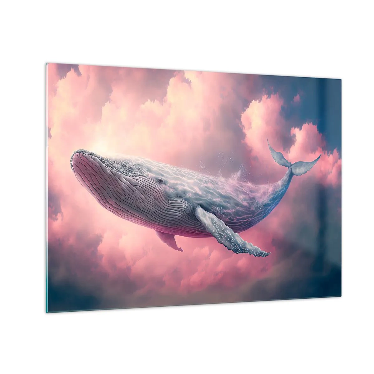 Obraz na skle - Veľryba plávajúca v oblakoch s ružovou žiarou - 70x50cm - Otri si oči - Moderná nástenná dekorácia do obývacej izby a spálne ARTTOR