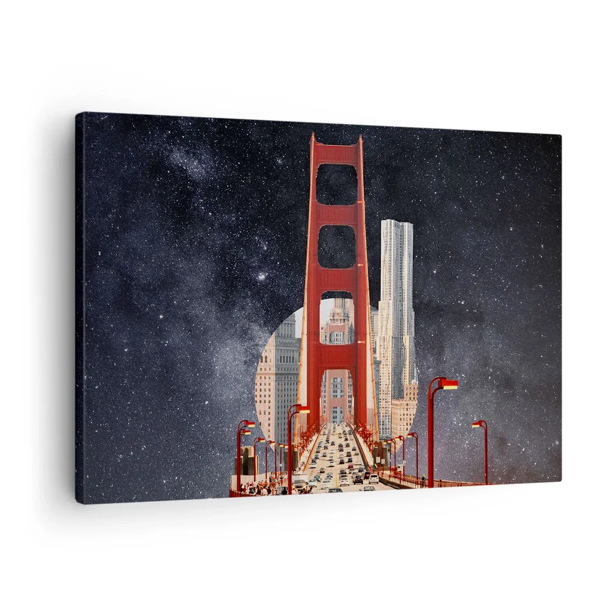 Obraz na plátne - Most Golden Gate s mestom v pozadí na pozadí hviezdnej oblohy - 70x50cm - Vždy v centre - Moderná nástenná dekorácia do obývacej izby a spálne ARTTOR