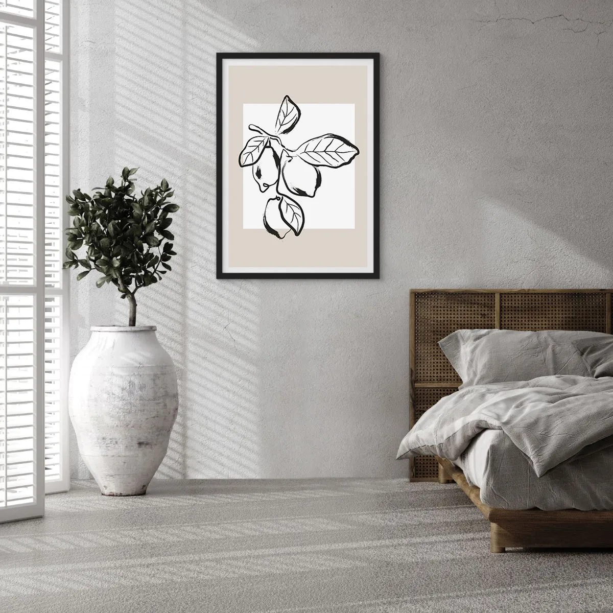Plagát v čiernom ráme - Minimalistická ilustrácia citrónovej vetvy v čiernobielom štýle. - 50x70cm - Kde citrón dozrieva… - Moderná nástenná dekorácia do obývacej izby a spálne ARTTOR