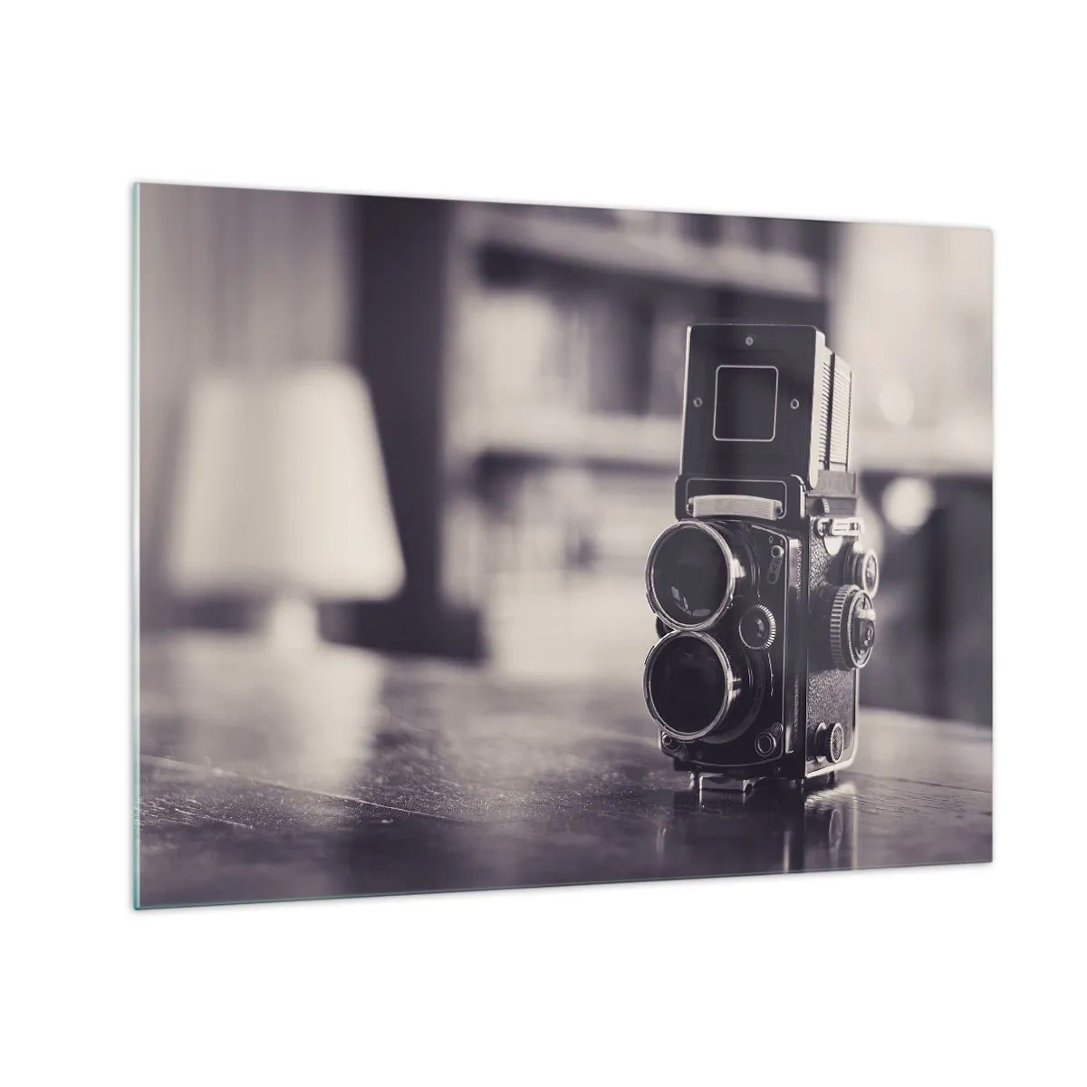 Obraz na skle - Čiernobiela fotografia starožitného fotoaparátu - 70x50cm - Kúzlo starej fotografie - Moderná nástenná dekorácia do obývacej izby a spálne ARTTOR