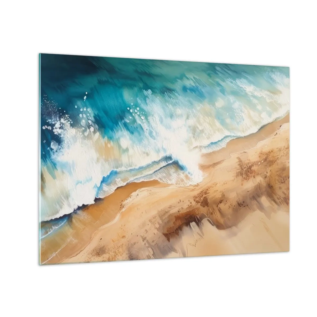 Obraz na skle - Pohľad z vtáčej perspektívy na modrú morskú vlnu narážajúcu na piesočnaté pobrežie - 70x50cm - Vlna, ktorá sa vracia - Moderná nástenná dekorácia do obývacej izby a spálne ARTTOR