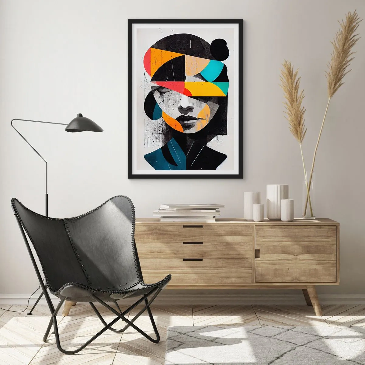 Plagát v čiernom ráme - Interiérový portrét, viacfarebný, štylizovaný abstraktný portrét ženy - 50x70cm - Pestrofarebný vnútorný portrét - Moderná nástenná dekorácia do obývacej izby a spálne ARTTOR