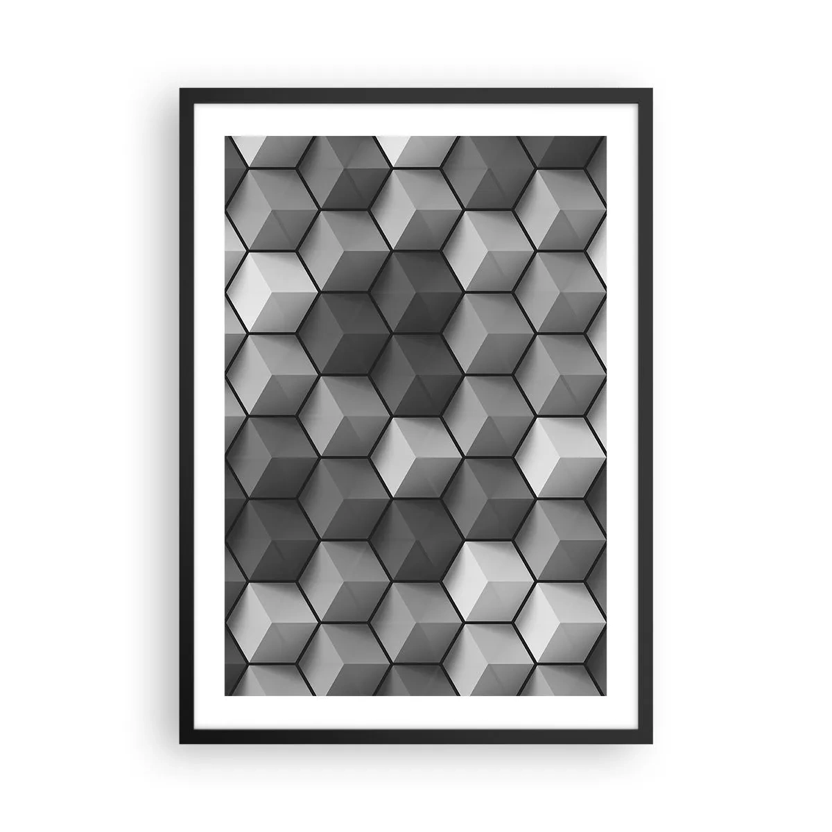 Plagát v čiernom ráme - Čiernobiele zloženie 3D geometrických kociek - 50x70cm - Kubistické puzzle - Moderná nástenná dekorácia do obývacej izby a spálne ARTTOR