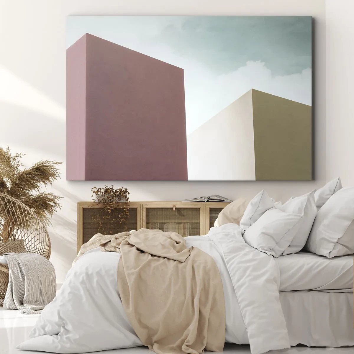 Obraz na plátne - Minimalistická architektúra s pastelovými blokmi a oblohou - 70x50cm - Geometria slnečného leta - Moderná nástenná dekorácia do obývacej izby a spálne ARTTOR