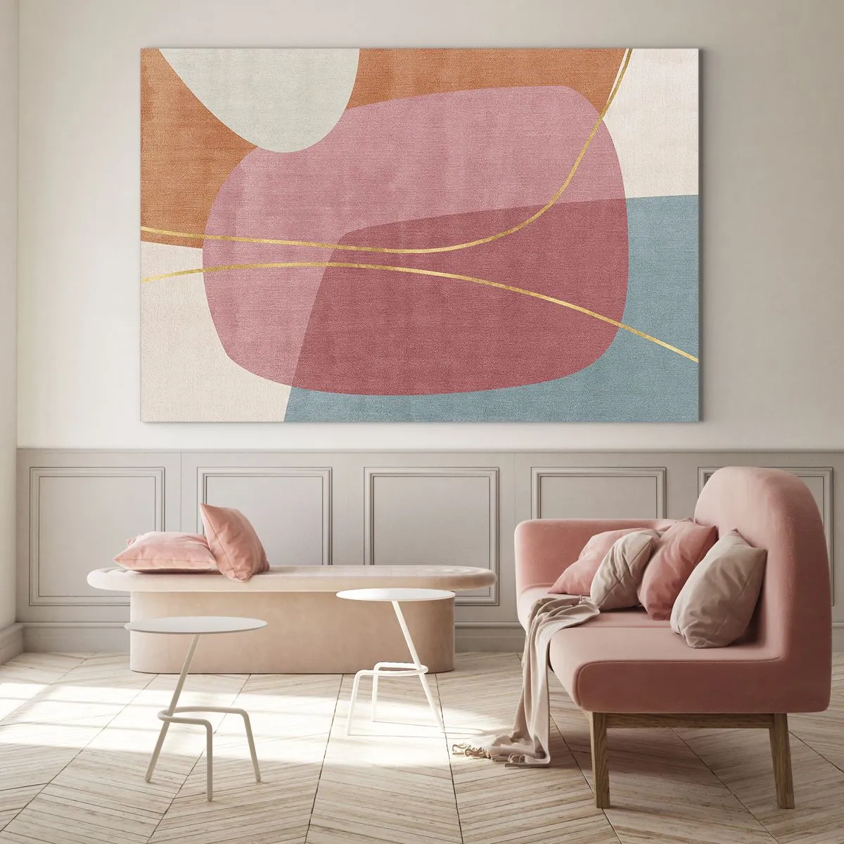 Obraz na skle - Pastelové tvary s pretínajúcimi sa zlatými čiarami - 70x50cm - Pastelová kompozícia so zlatou niťou - Moderná nástenná dekorácia do obývacej izby a spálne ARTTOR