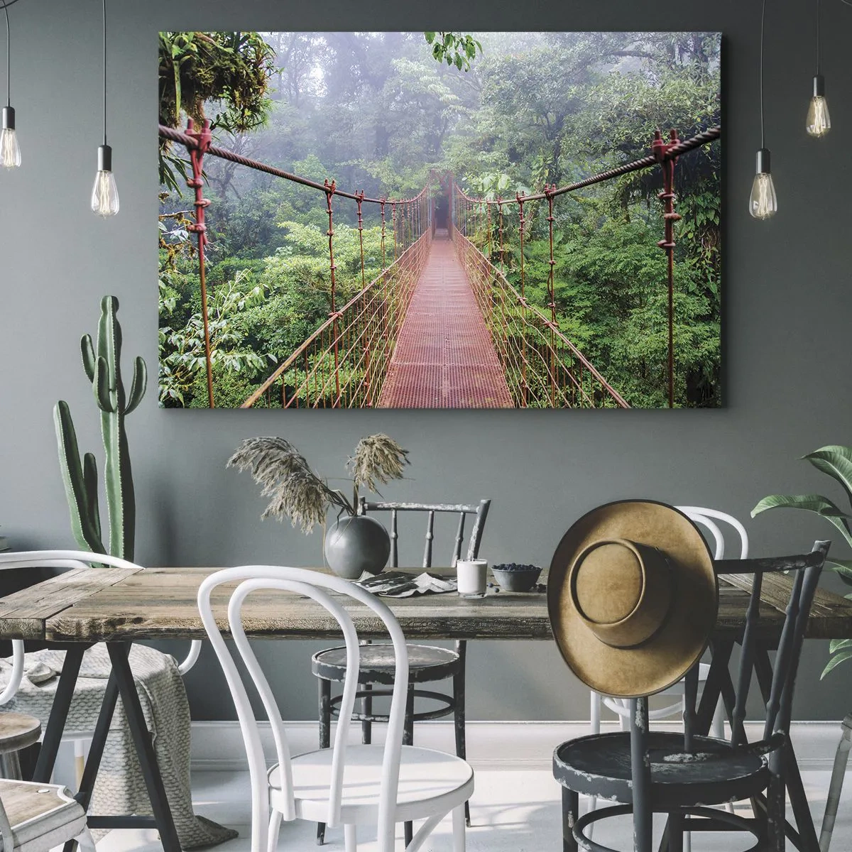 Obraz na plátne - Visutý most v tropickej džungli obklopený hmlou - 70x50cm - Zavesený nad korunami - Moderná nástenná dekorácia do obývacej izby a spálne ARTTOR
