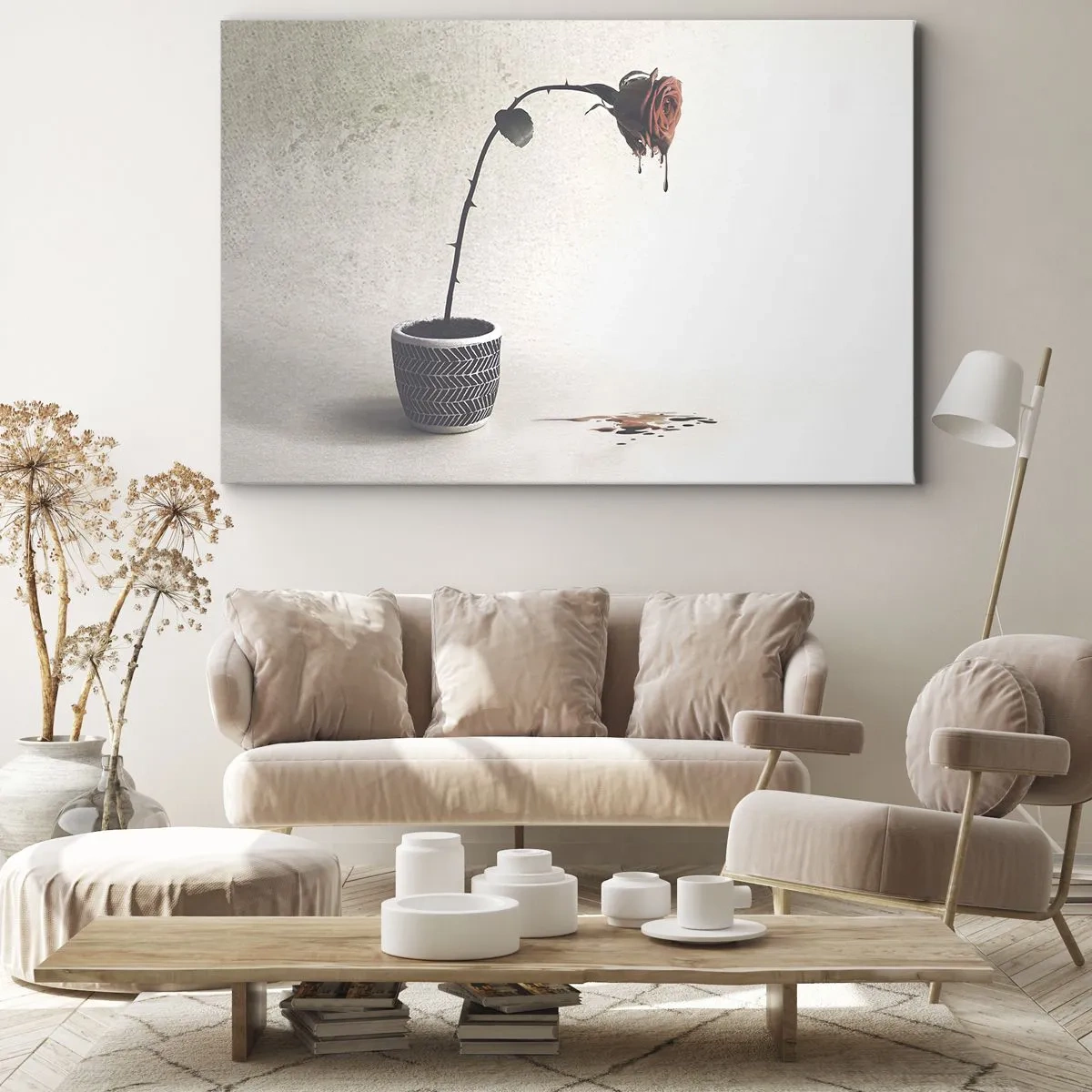 Obraz na plátne - Červená ruža v kvetináči s kvapkami farbiva na bielom pozadí - 70x50cm - Rosa dolorosa - Moderná nástenná dekorácia do obývacej izby a spálne ARTTOR