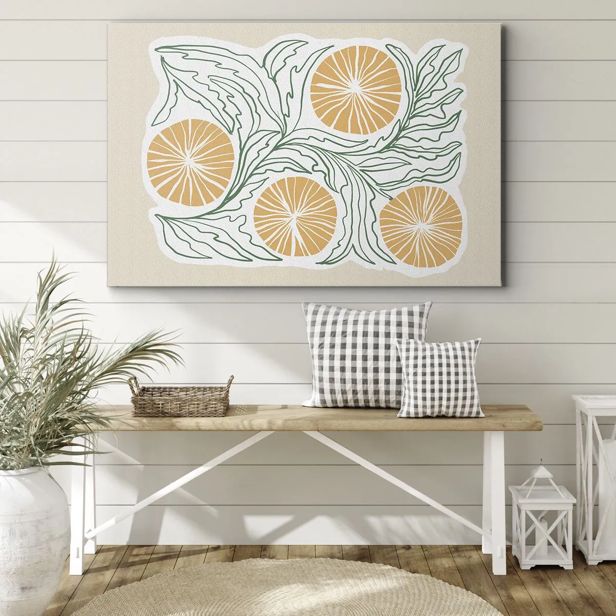 Obraz na plátne - Minimalistický oranžový motív so zelenými listami - 70x50cm - Etnicky s abstraktným nádychom - Moderná nástenná dekorácia do obývacej izby a spálne ARTTOR