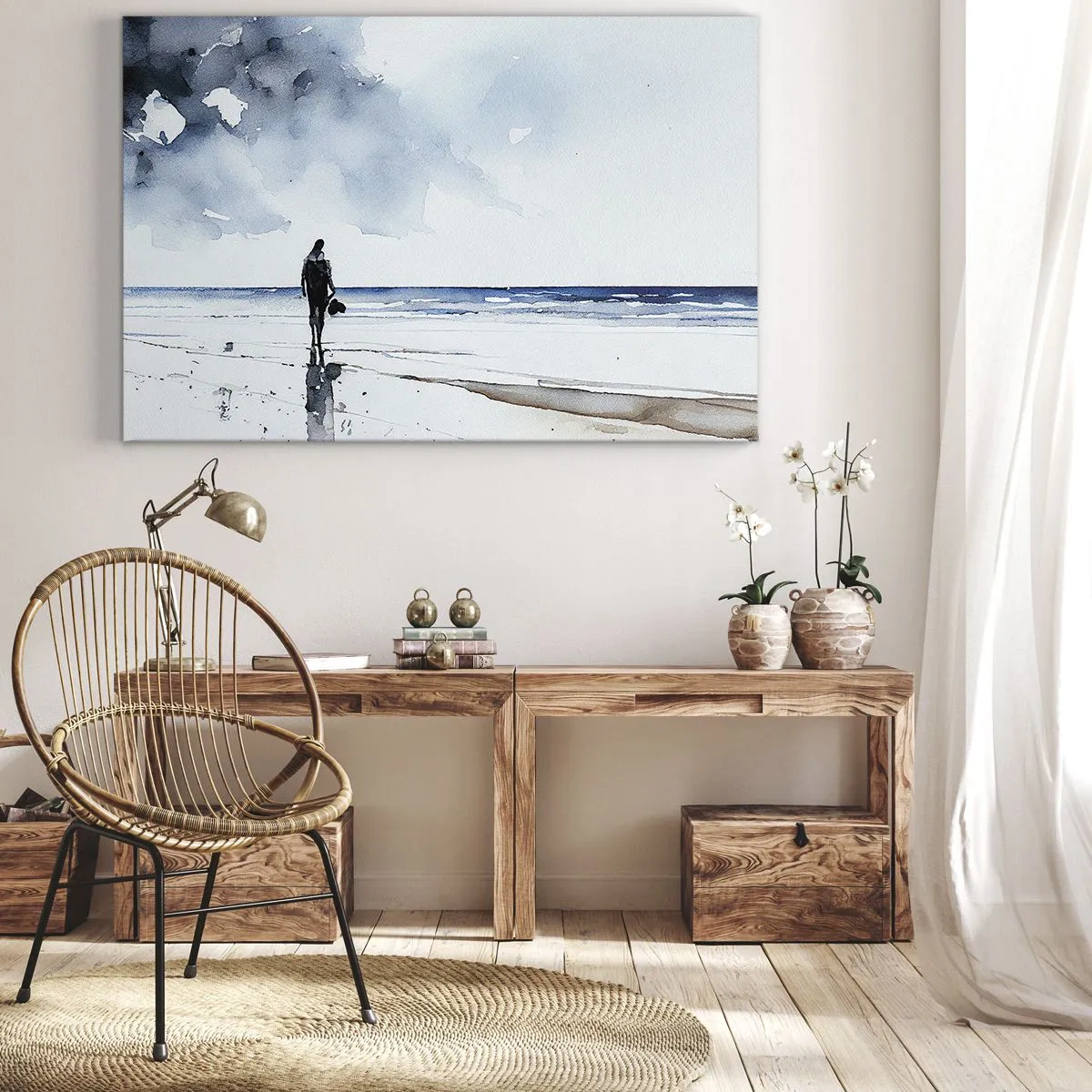 Obraz na plátne - Postava na pláži v pokojnom morskom prostredí - 70x50cm - Rozhovor s morom - Moderná nástenná dekorácia do obývacej izby a spálne ARTTOR