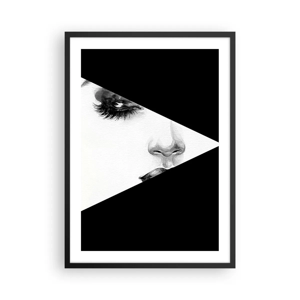 Plagát v čiernom ráme - Minimalistický portrét ženy v čiernej a bielej farbe s geometrickým členením. - 50x70cm - Vždy neobjavená - Moderná nástenná dekorácia do obývacej izby a spálne ARTTOR