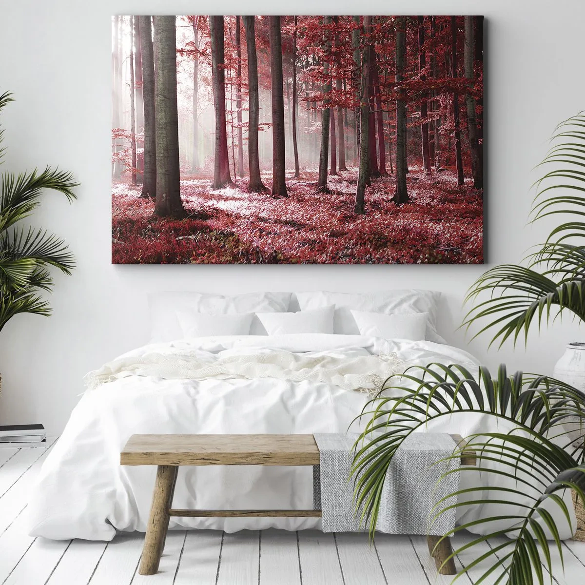 Obraz na plátne - Úžasný les v červených odtieňoch s lúčmi svetla prenikajúcimi cez stromy - 70x50cm - Červená je rovnako krásna - Moderná nástenná dekorácia do obývacej izby a spálne ARTTOR