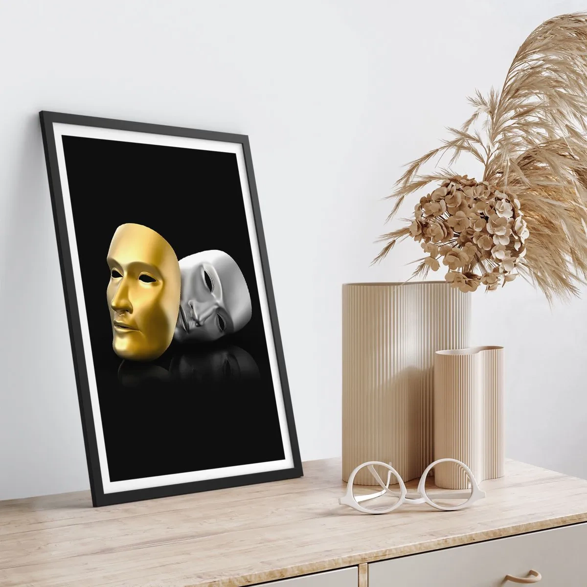 Plagát v čiernom ráme - Zlatá a strieborná maska na čiernom pozadí - 50x70cm - Život je divadlo - Moderná nástenná dekorácia do obývacej izby a spálne ARTTOR
