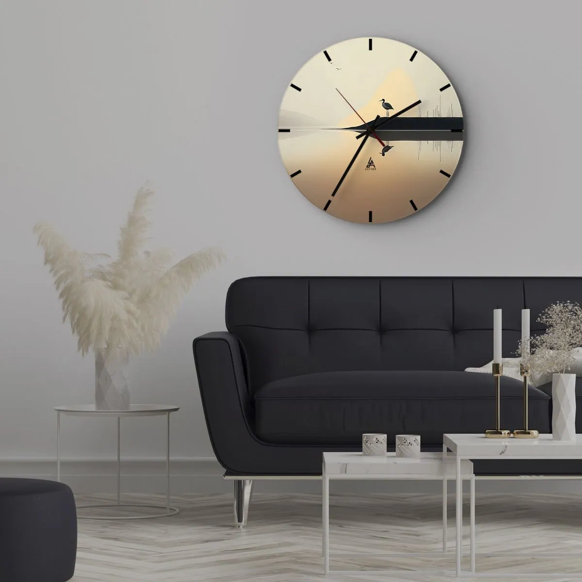 Nástenné hodiny - Silueta vtáka na skale nad pokojným jazerom za úsvitu - 30x30cm - Pán na jazere - Moderná nástenná dekorácia do obývacej izby, kuchyne a spálne ARTTOR